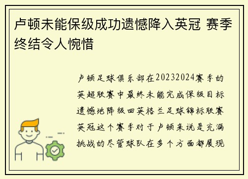 卢顿未能保级成功遗憾降入英冠 赛季终结令人惋惜